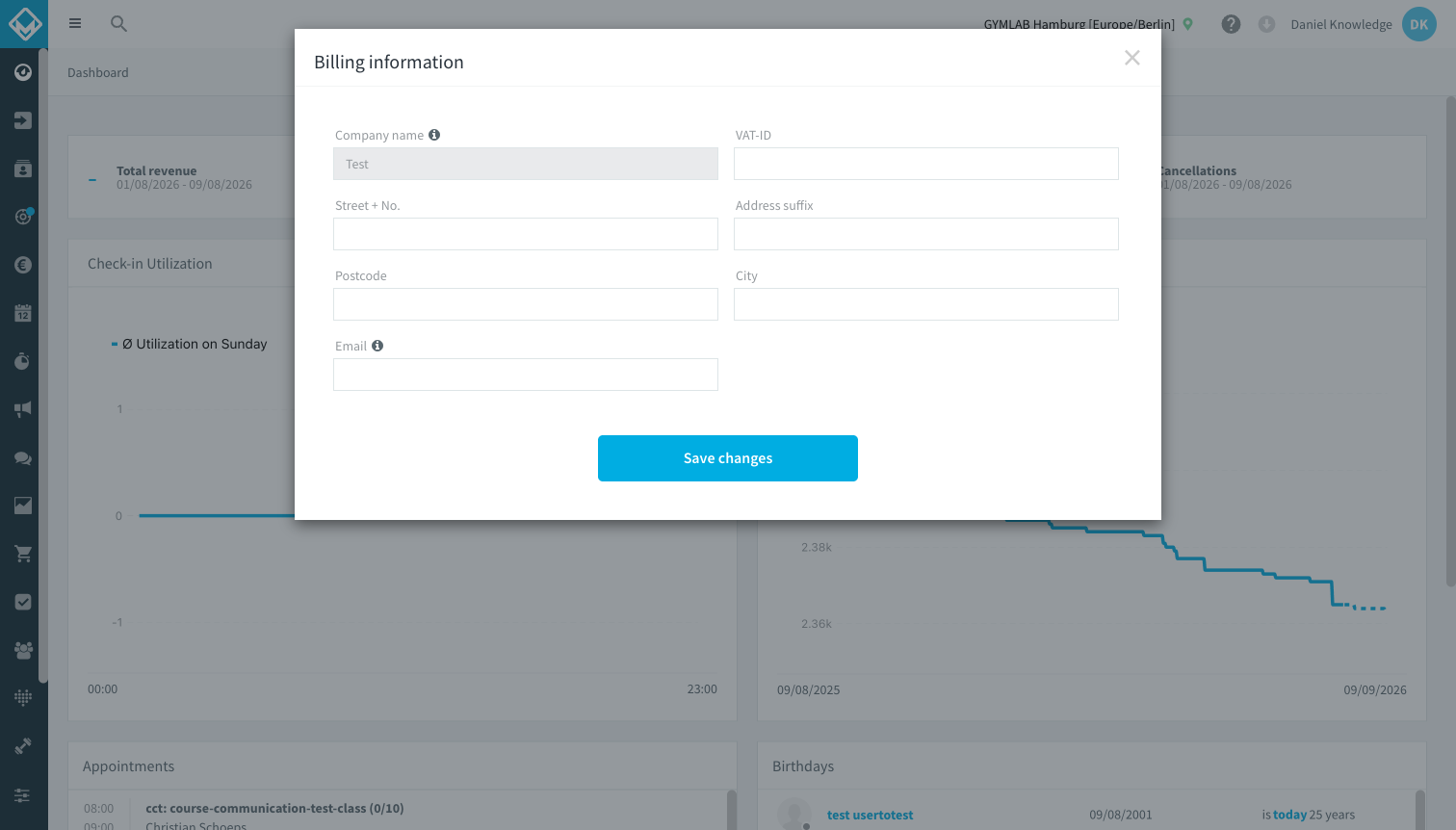 Billing information edit form with Company name, VAT-ID, address and email fields