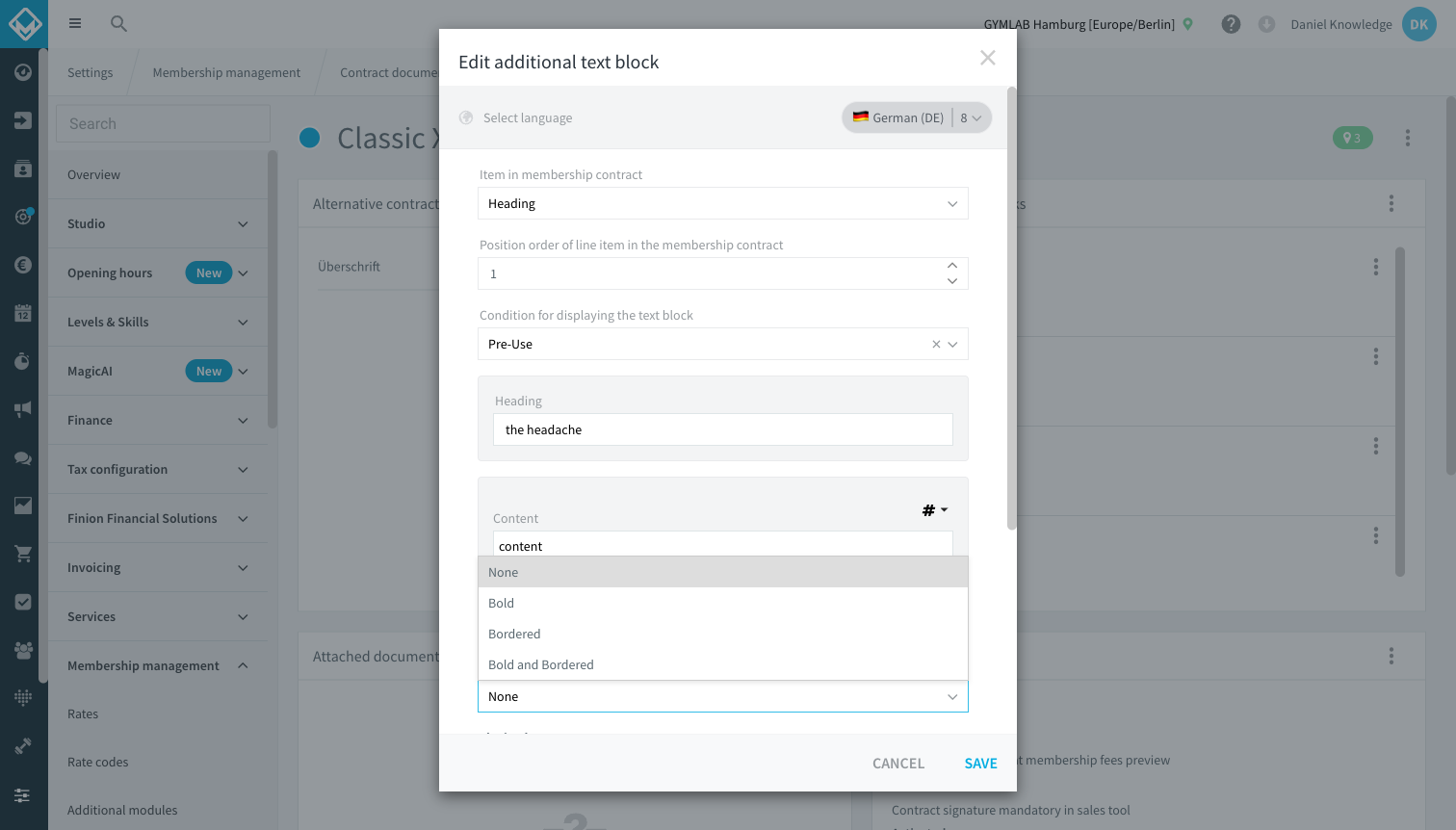 Additional text block modal with the Highlight text block in contract document dropdown expanded