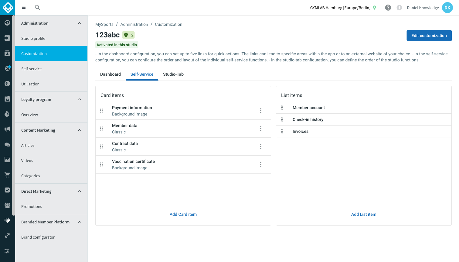 Self-Service customization tab showing Card items and List items including Check-in history