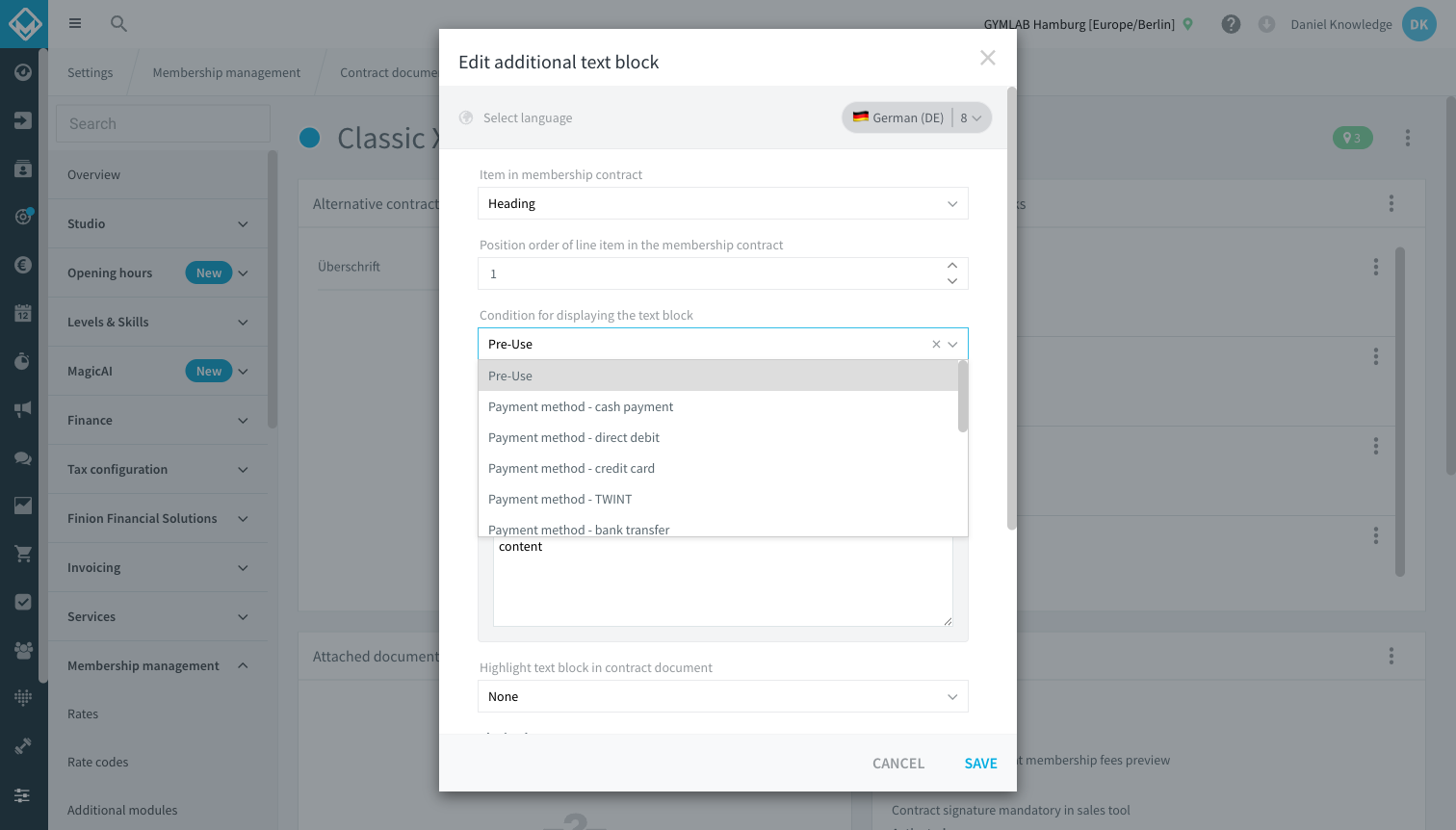 Modal für zusätzliche Textblöcke mit ausgeklapptem Dropdown „Bedingung für Anzeige des Textblocks“