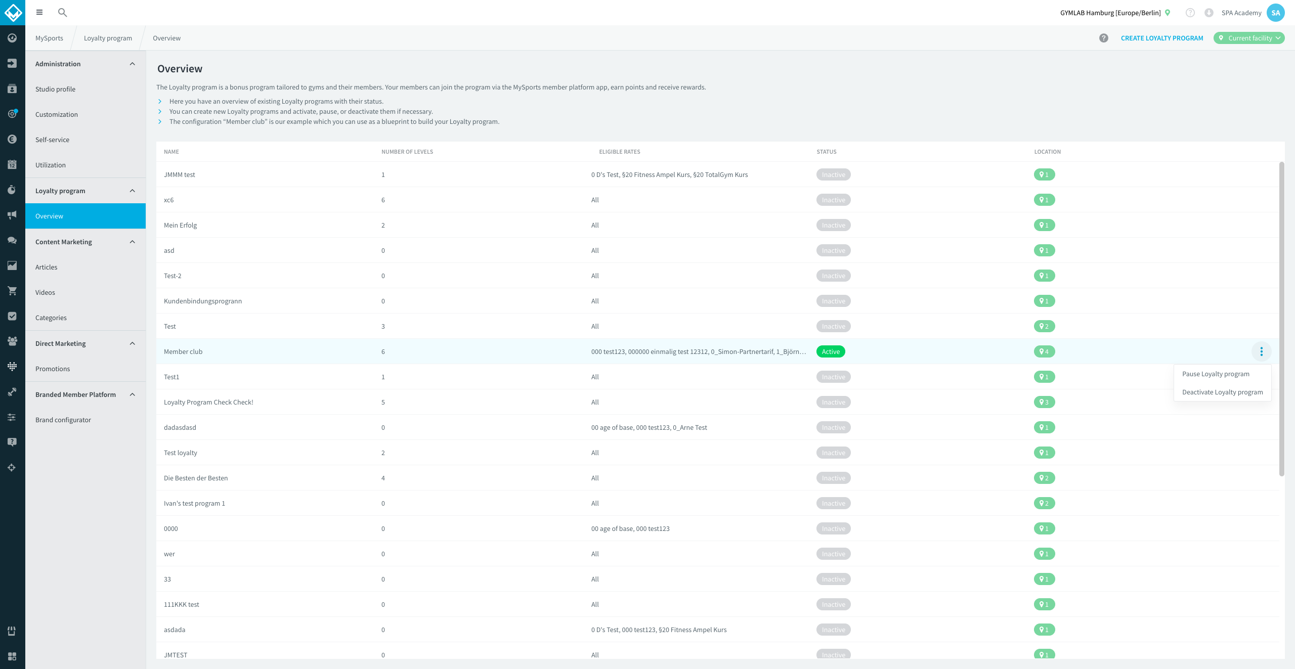 Loyalty program overview with three-dot menu (Pause / Deactivate)