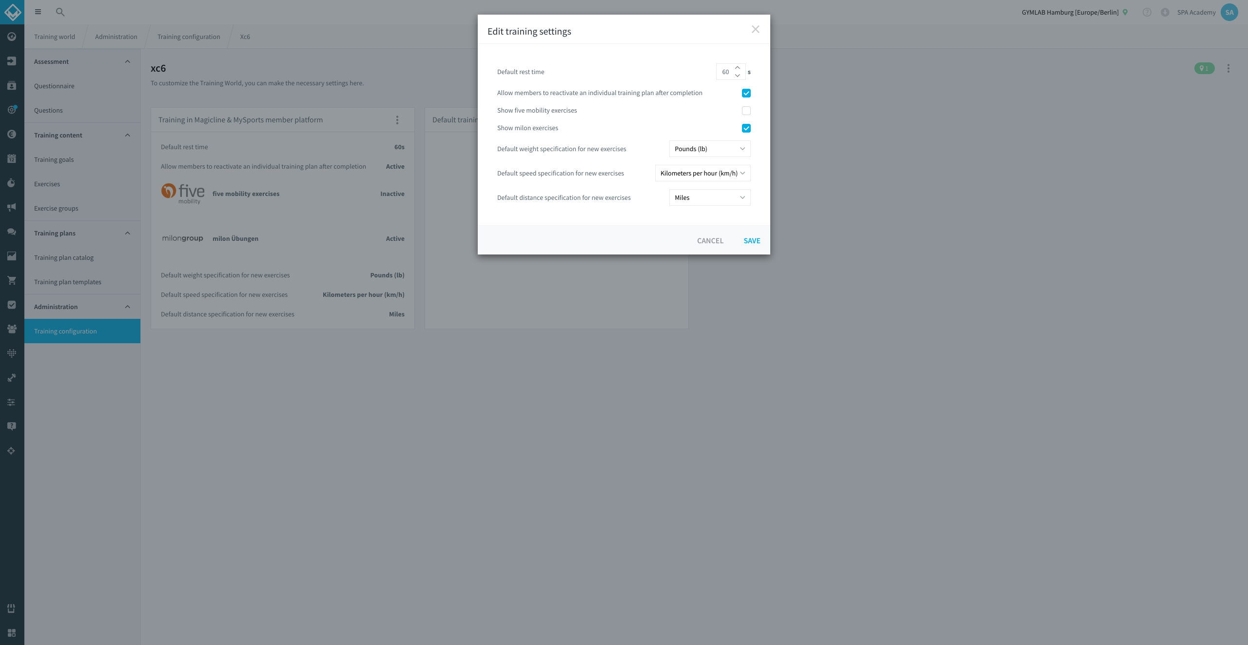 Edit training settings modal with standardized break time