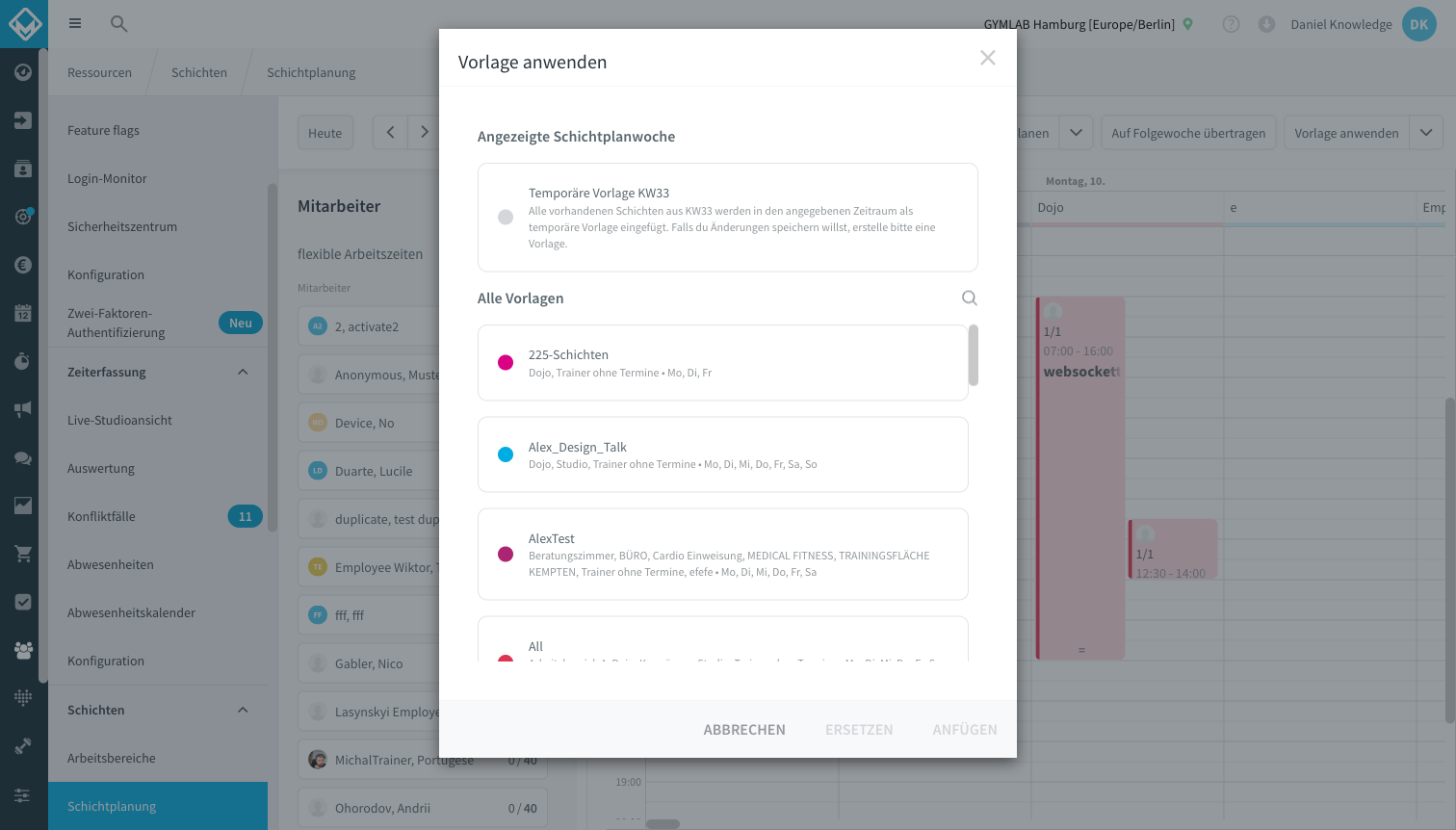 Fenêtre Appliquer un modèle avec les options Remplacer et Ajouter et la section Tous les modèles