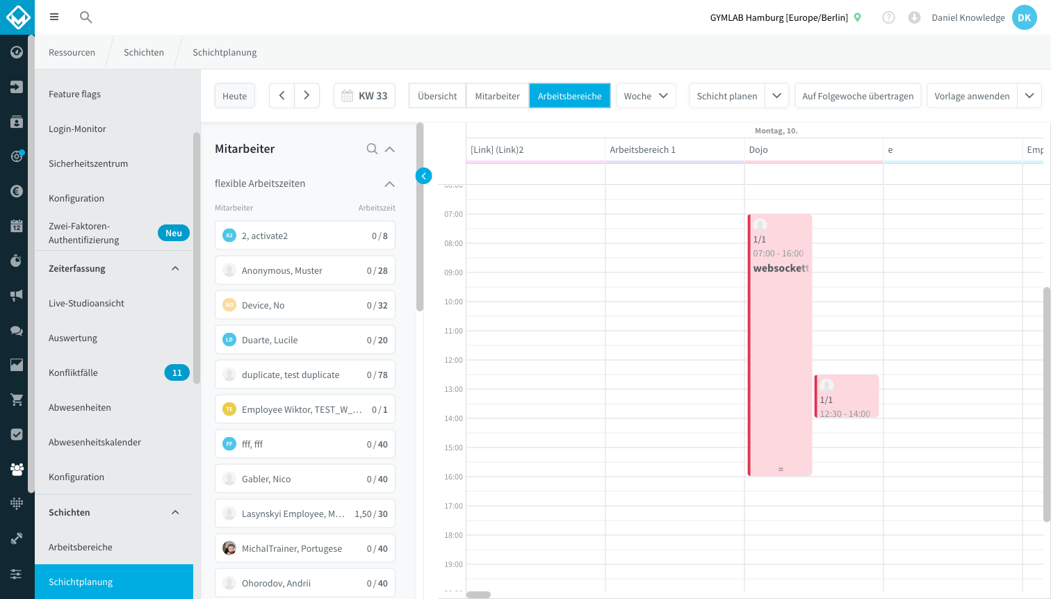 Vue Zones de travail pour planifier au niveau des zones de travail