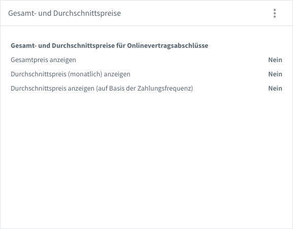Widget Gesamt- und Durchschnittspreise ausgeklappt mit den drei Schaltern für Gesamtpreis, Durchschnittspreis (monatlich) und Durchschnittspreis (auf Basis der Zahlungsfrequenz)