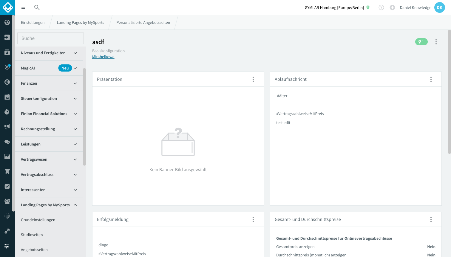 Personalized offer page configuration with the five widgets: Presentation, Expiration message, Success message, Total and average prices, Custom CSS