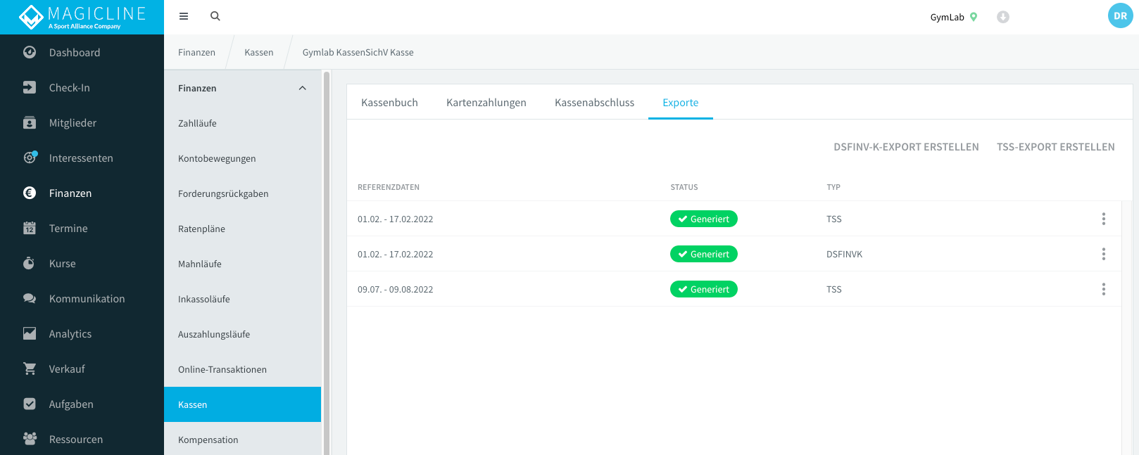 Creare un'esportazione DSFinV-K o TSS