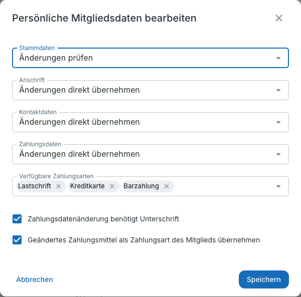 Dialog zum Bearbeiten der persönlichen Mitgliedsdaten mit der Mehrfachauswahl Verfügbare Zahlungsarten