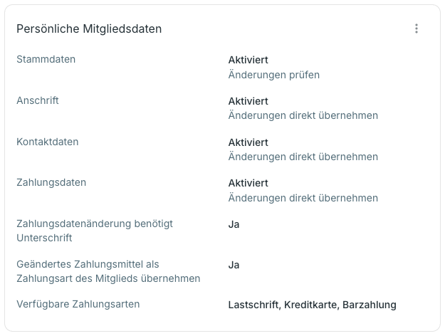 Selfservice-Konfiguration mit dem Widget Persönliche Mitgliedsdaten und der Zeile Verfügbare Zahlungsarten