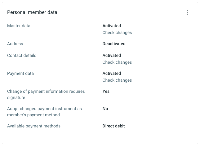 Configuration du self-service avec le widget Données personnelles du membre et la ligne Modes de paiement disponibles