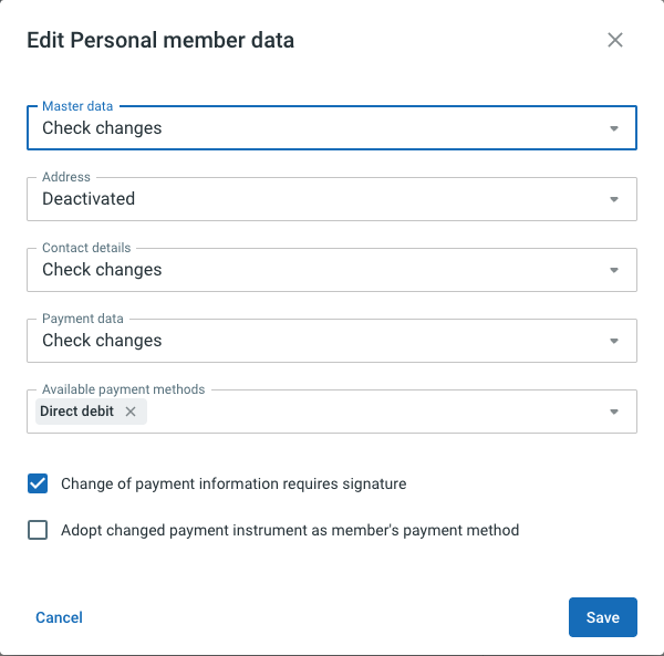 Finestra di modifica dei dati personali degli abbonati con la selezione multipla Metodi di pagamento disponibili