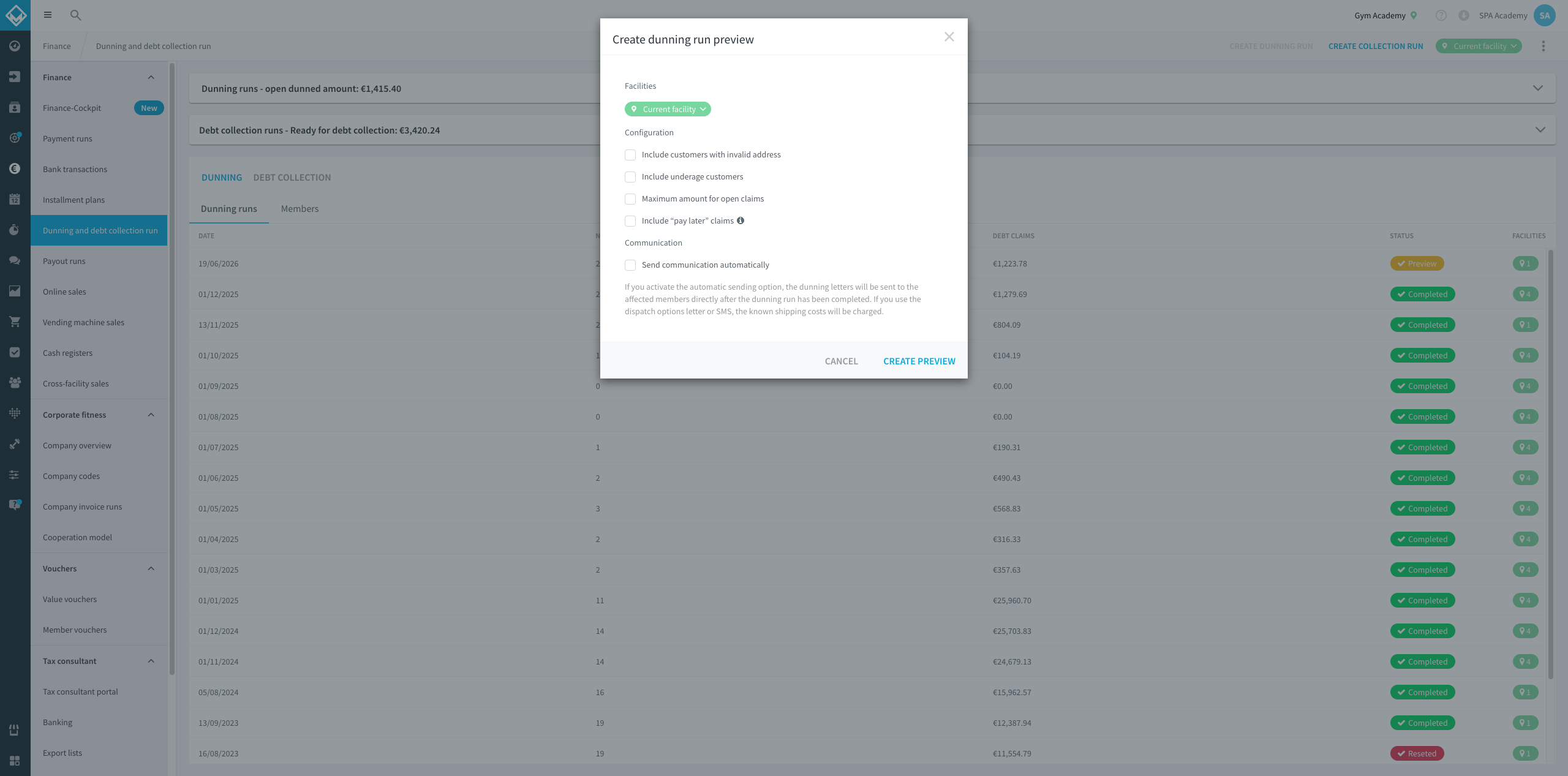 Crear una ejecución de reclamación: configuración de la vista previa
