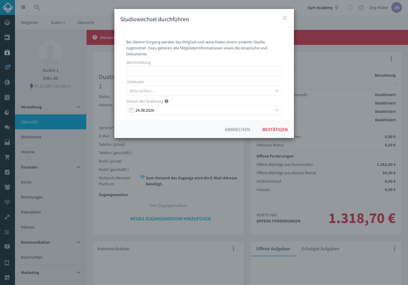Dialog Studiowechsel durchführen mit den Feldern Beschreibung, Zielstudio und Datum der Änderung