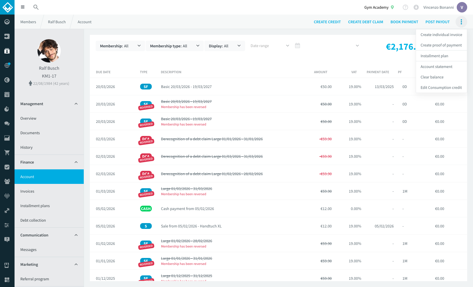 Actiemenu op het ledenaccount met het item Maak een Betalingsbewijs aan gemarkeerd tussen de overige accountacties