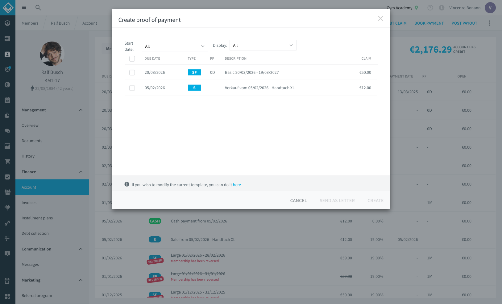 Venster Maak een Betalingsbewijs aan met de filters Startdatum en Weergave boven de lijst met aanvinkvakjes van de al vereffende items