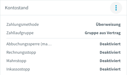 Die vier Zeilen Abbuchungssperre (manuell), Rechnungsstopp, Mahnstopp und Inkassostopp in der Karte „Kontostand“, alle mit dem Wert „Deaktiviert“