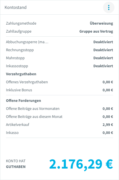 Karte „Kontostand“ auf dem Tab Verwaltung / Übersicht eines Mitglieds mit den Zeilen Zahlungsmethode und Zahllaufgruppe sowie dem Menü mit drei Punkten