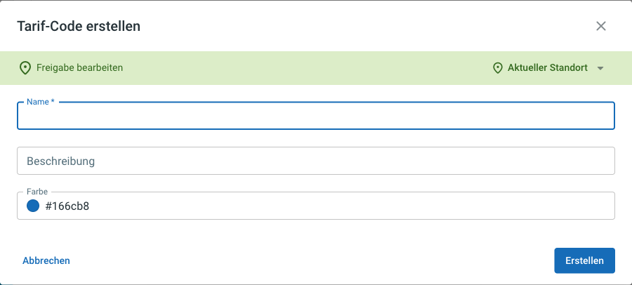 Dialog Tarif-Code erstellen mit Name, Beschreibung und Farbe