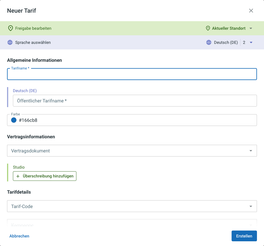 Dialog Neuer Tarif mit Allgemeine Informationen, Vertragsinformationen und Tarifdetails