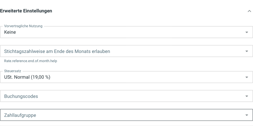 Erweiterte Einstellungen im Dialog Neuer Tarif