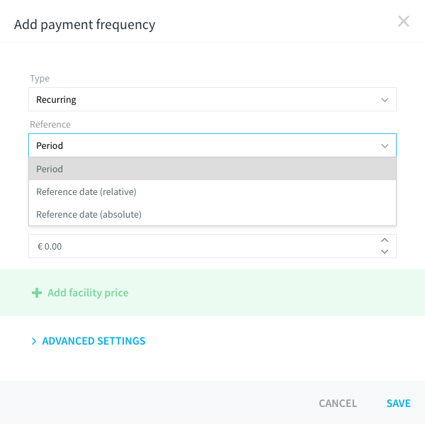 Boîte de dialogue Add payment frequency, partie principale avec Type, Référence, intervalle et Prix