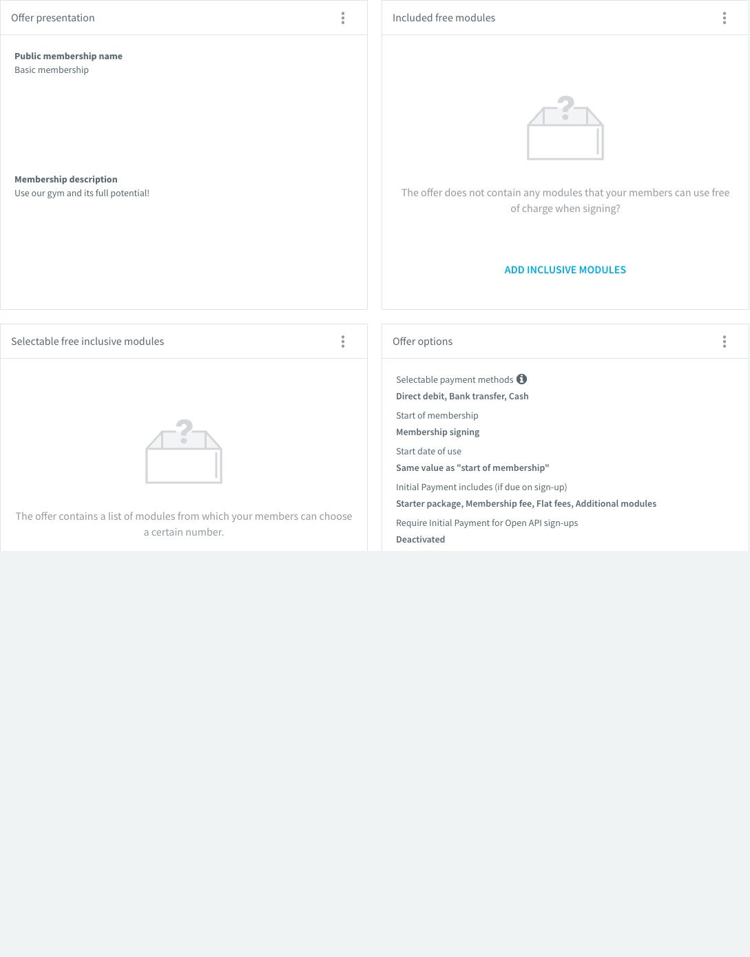 Offre de contrat, onglet Administration avec les blocs Included free modules et Selectable free inclusive modules