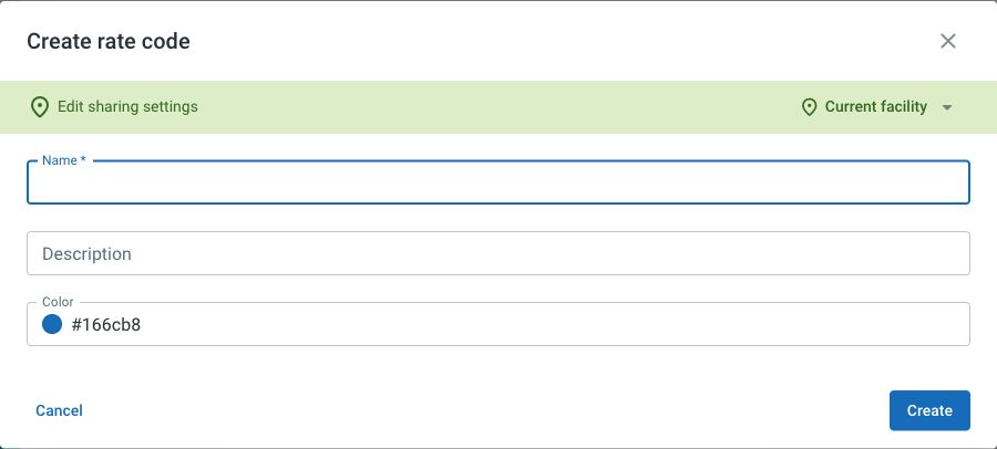 Boîte de dialogue Create rate code avec nom, description et couleur