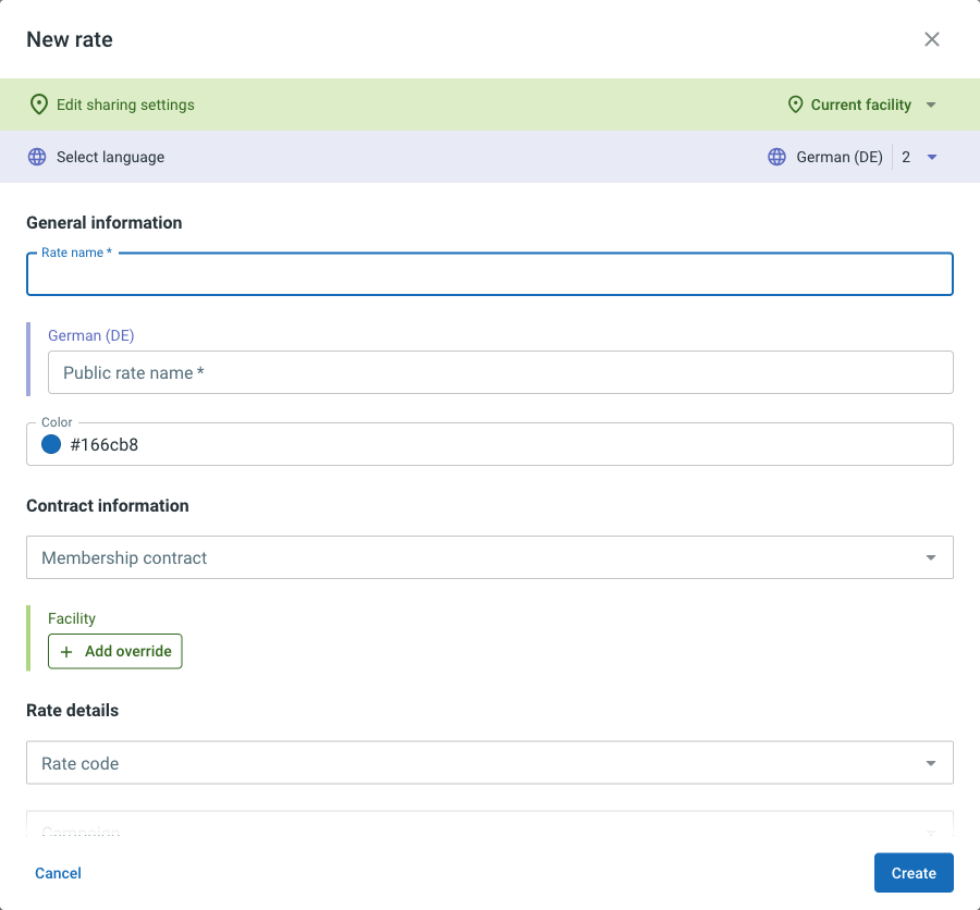 Dialoogvenster New rate met Algemene informatie, Contractinformatie en Tarief details