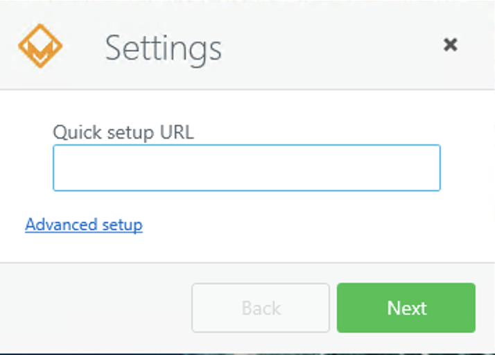 Diálogo de ajustes del cliente de Windows con el campo Quick setup URL