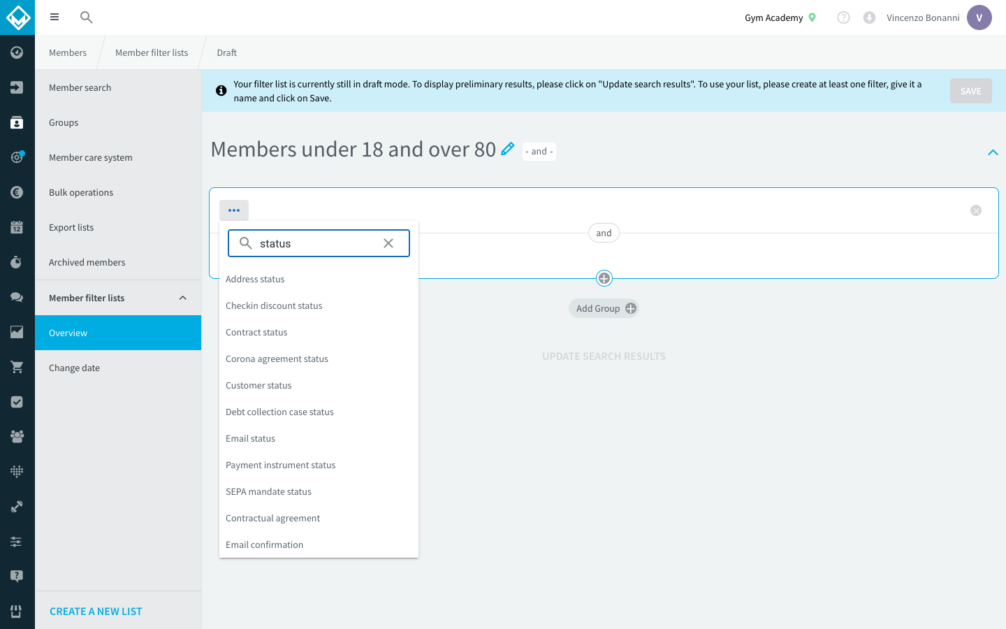 Condition picker with the search term status entered, narrowing the list of available conditions