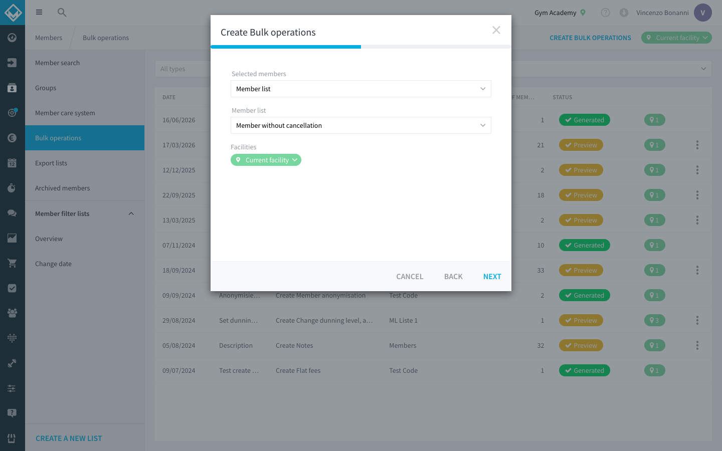 Bulk operations wizard, second step, with Selected members set to Member list and a member list chosen