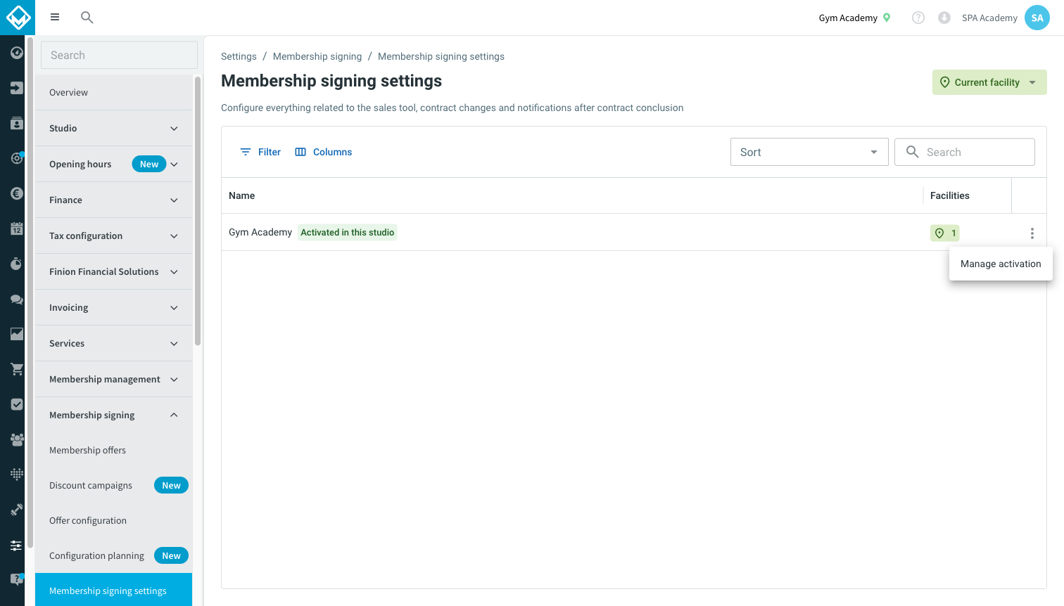 Lista de configuración de altas con la acción Gestionar la activación