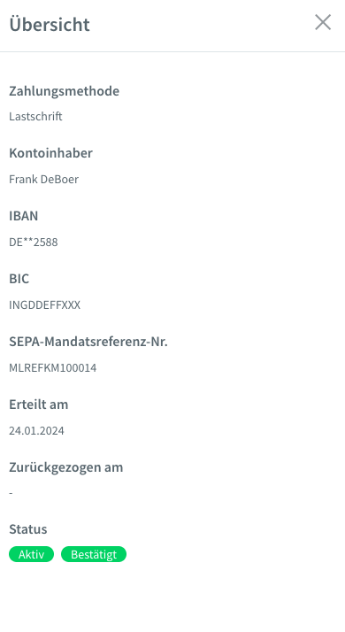 Detailansicht des Zahlungsmittels: IBAN maskiert, BIC und SEPA-Mandatsreferenz vollständig