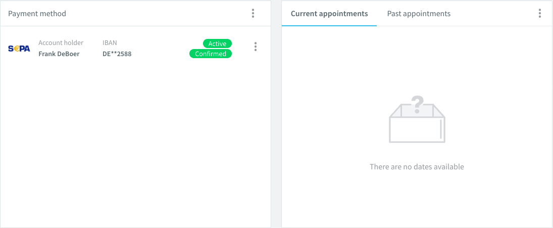 Betaalmethode-kaart in het ledenaccount met het gemaskeerde IBAN DE**2588 (Engelstalige interface)