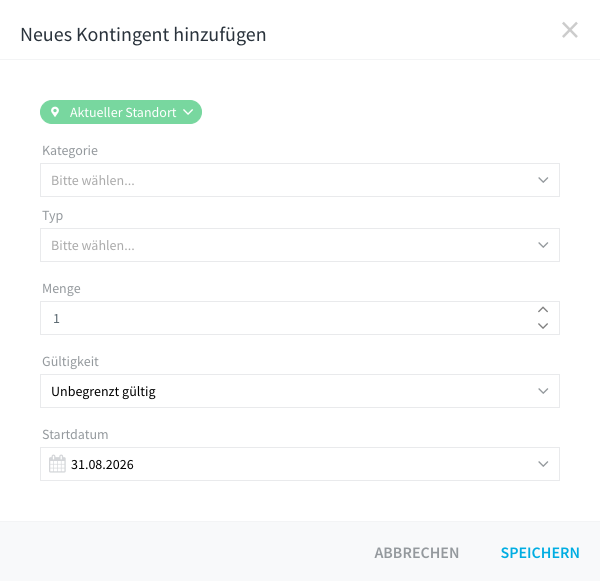 Dialog Neues Kontingent hinzufügen mit den Feldern Kategorie, Typ, Menge, Gültigkeit und Startdatum