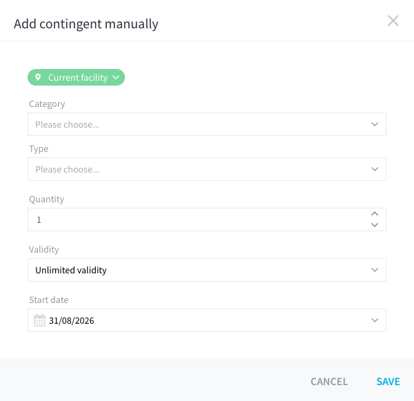 Dialog Add contingent manually with the fields Category, Type, Quantity, Validity and Start date