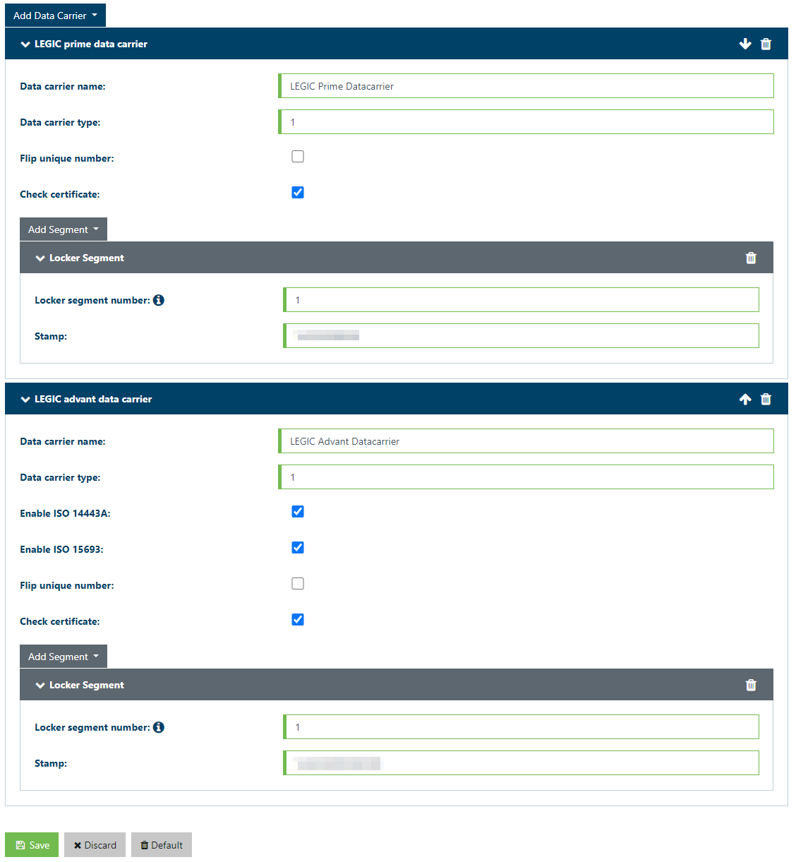 Legic segment configuration in the Device Manager
