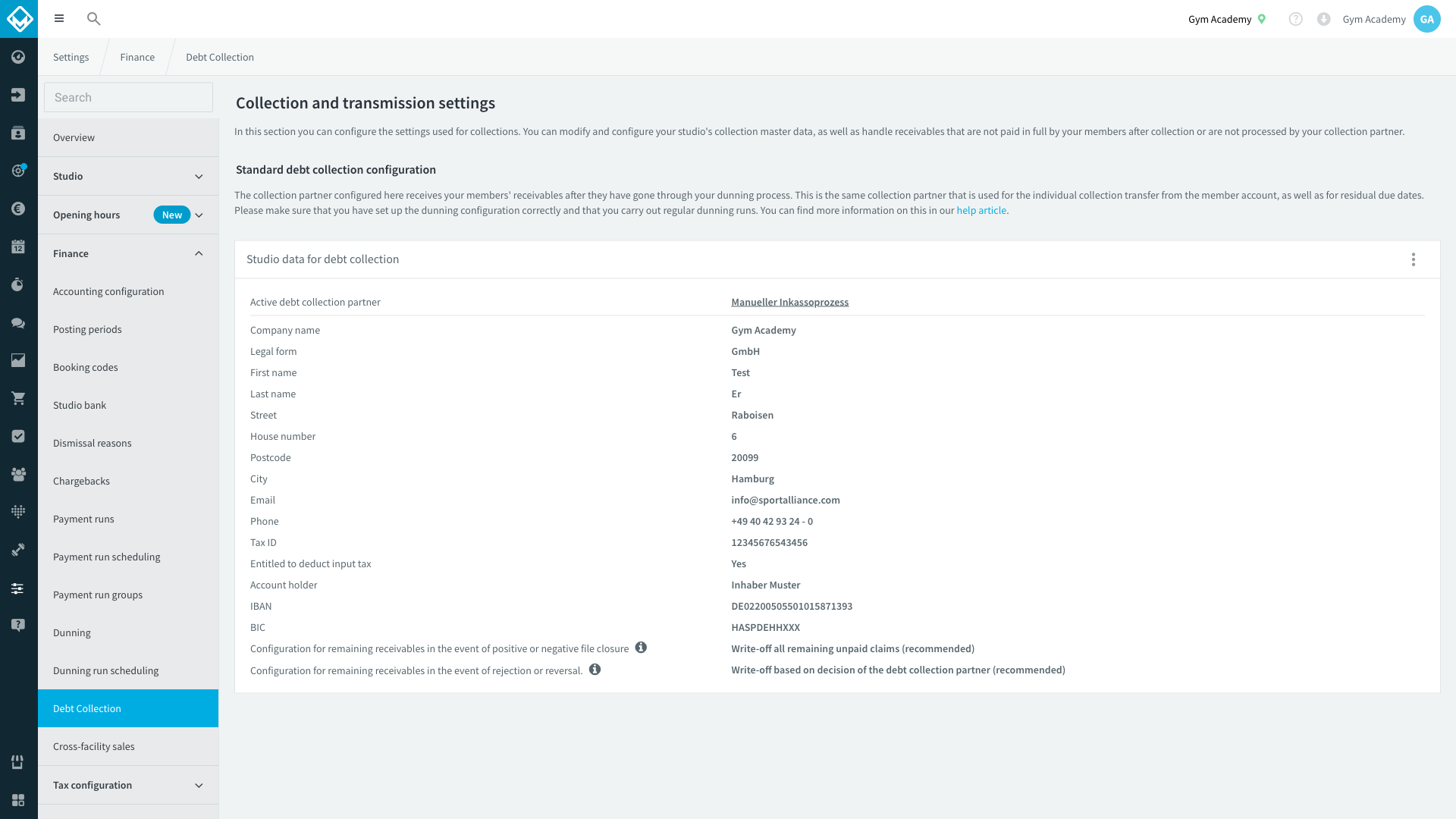 Debt collection partner settings page