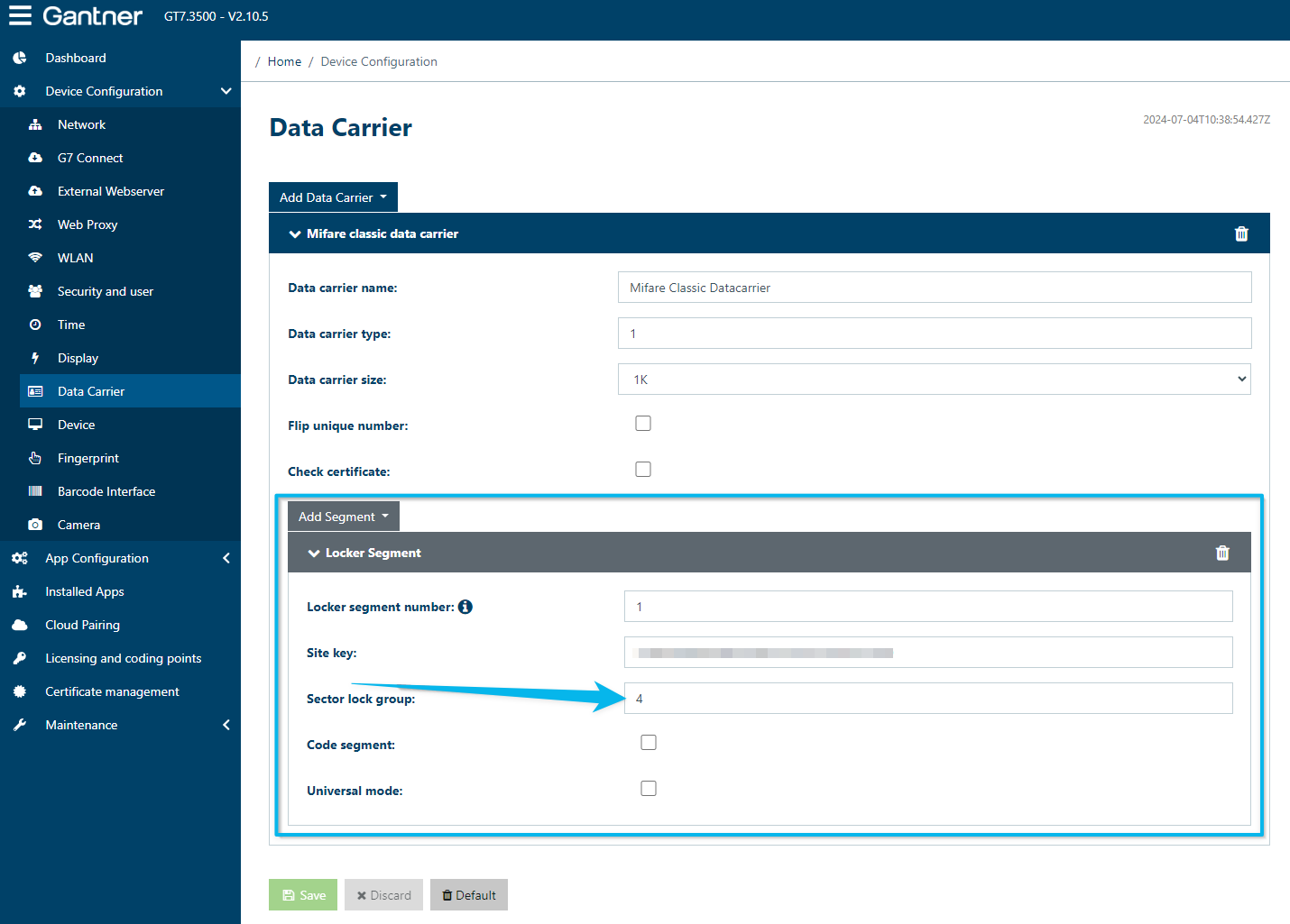 Mifare segment configuration in the G7 device web interface