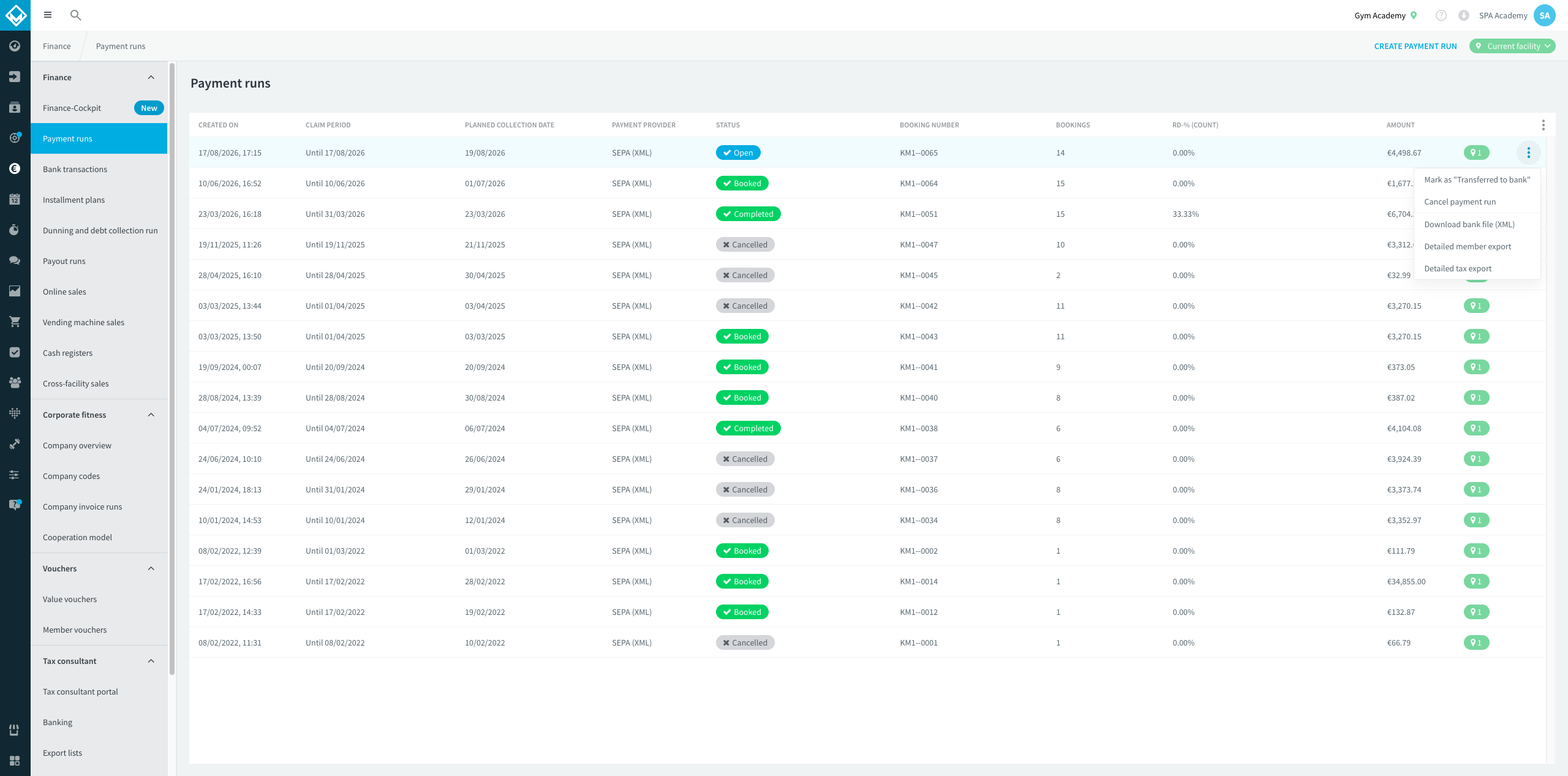 Cancel payment run in the three-dot menu