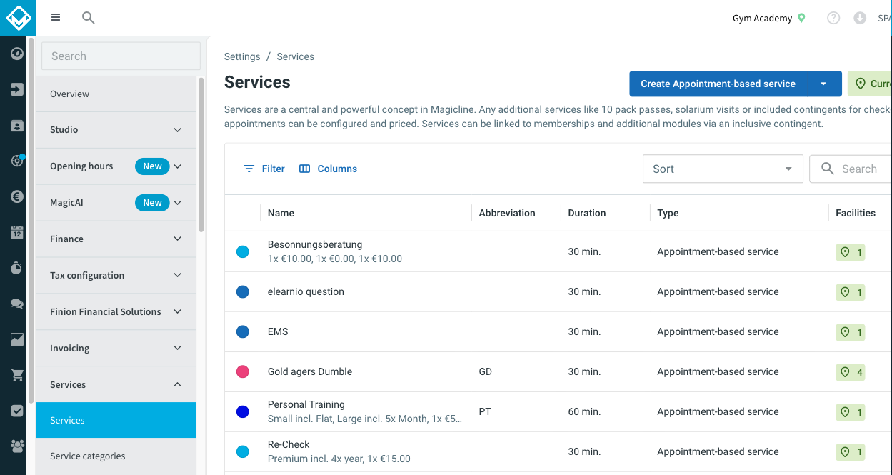 Services list with the Create service split button in the top right