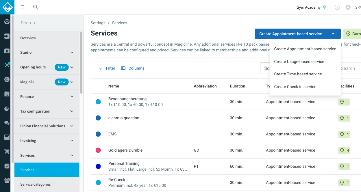 Dropdown with Create Appointment-based, Usage-based, Time-based and Check-in service