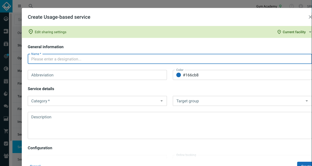 Create Usage-based service dialog with the Online booking field