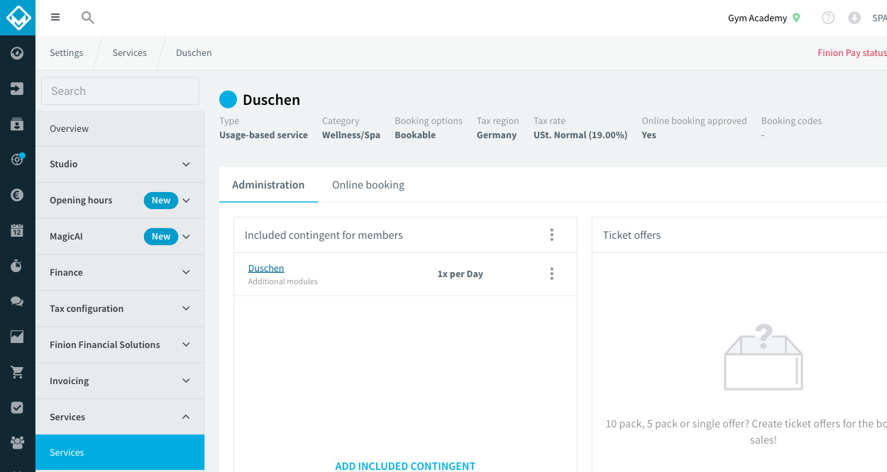 Service detail view with the tiles and the Online booking approved status