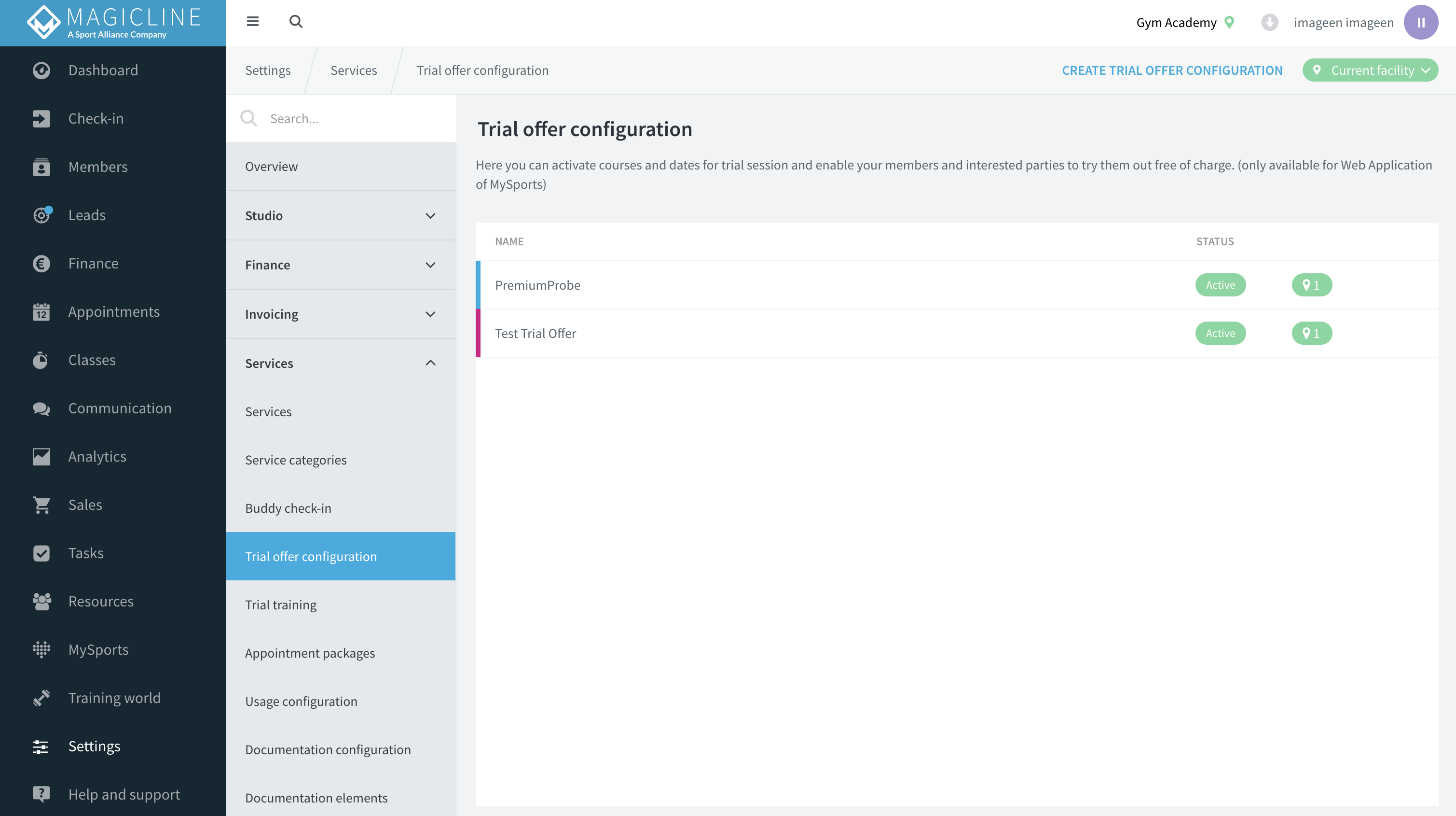 Lista de configuraciones de la sesión de prueba en Ajustes / Servicios / Configuración de la sesión de prueba