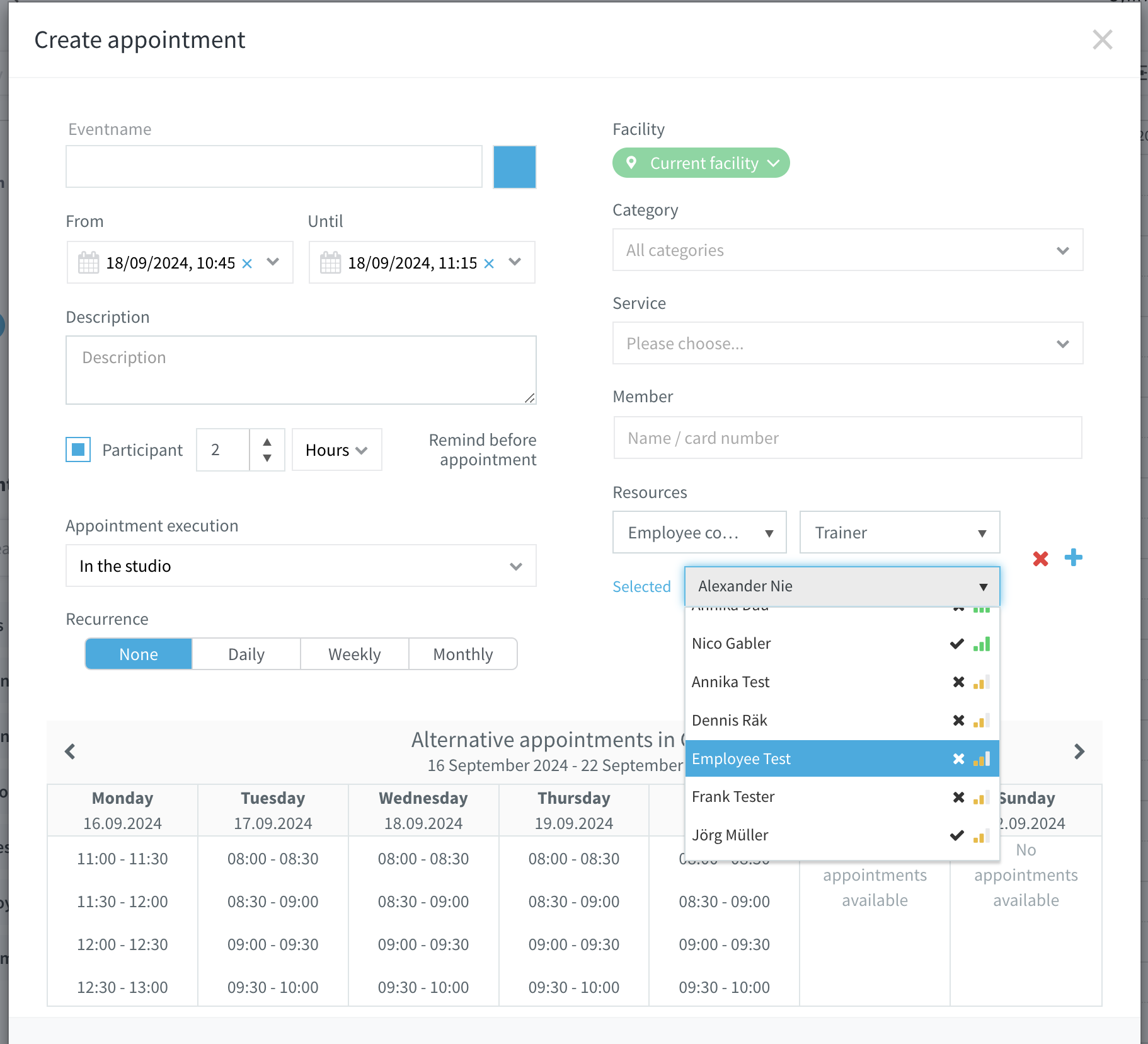 Employee suggestions colour-coded by competence level when scheduling