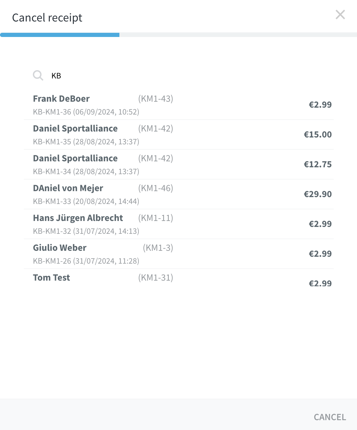 Fenêtre de recherche pour trouver la vente correspondante