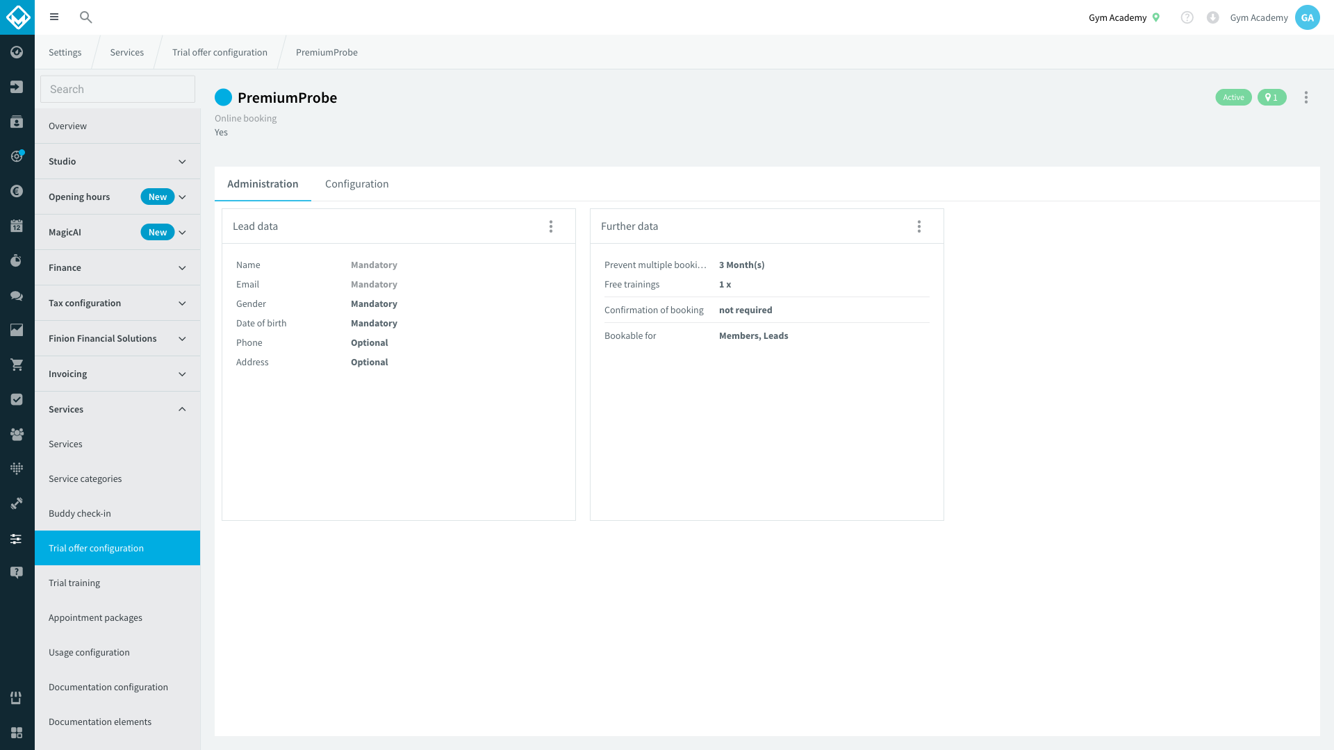 Vista detallada de una configuración de la sesión de prueba con los ajustes de Datos del interesado y Otros datos