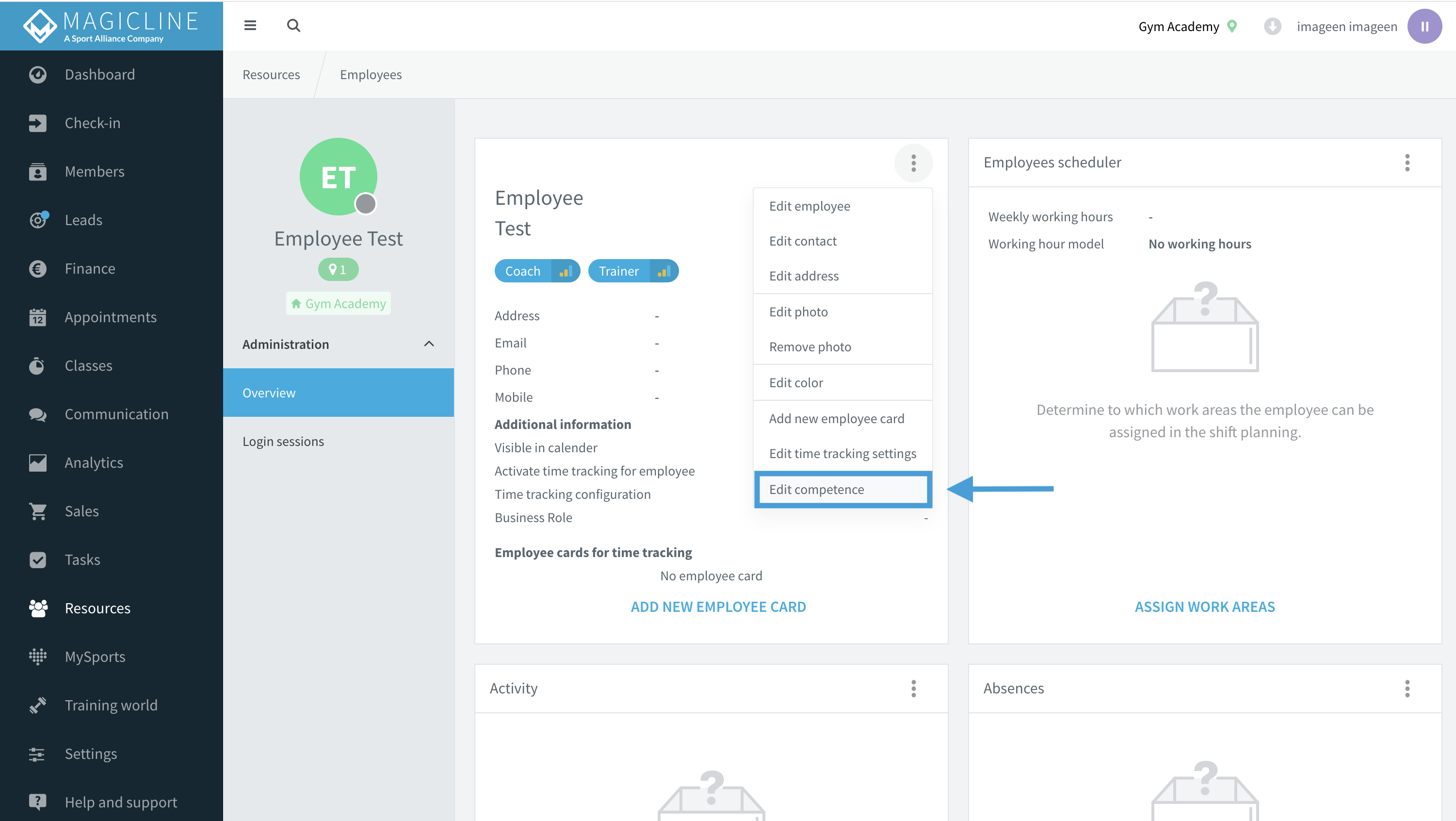 Edit competence in the three-dot menu of an employee tile