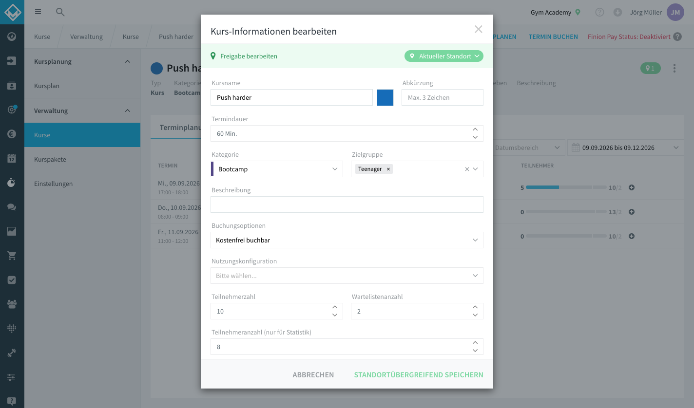 Dialog Kurs-Informationen bearbeiten mit den Feldern Teilnehmerzahl und Wartelistenanzahl